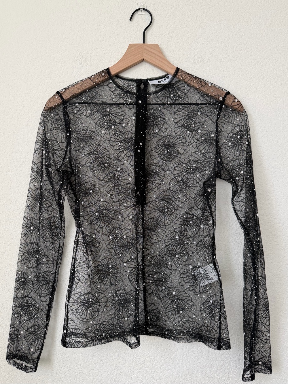 MSGM Sheer Black Embellished Intricate Floral Pattern Long-Sleeve Mesh Top